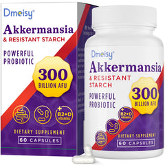 Dmeisy Akkermansia bottle showing 300 Billion AFU for gut health