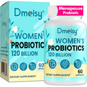 Dmeisy menopause probiotic bottle displaying 120B CFU and gut support benefits