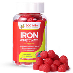 Doc Mila Iron Gummies bottle with berry flavor supports daily iron intake.