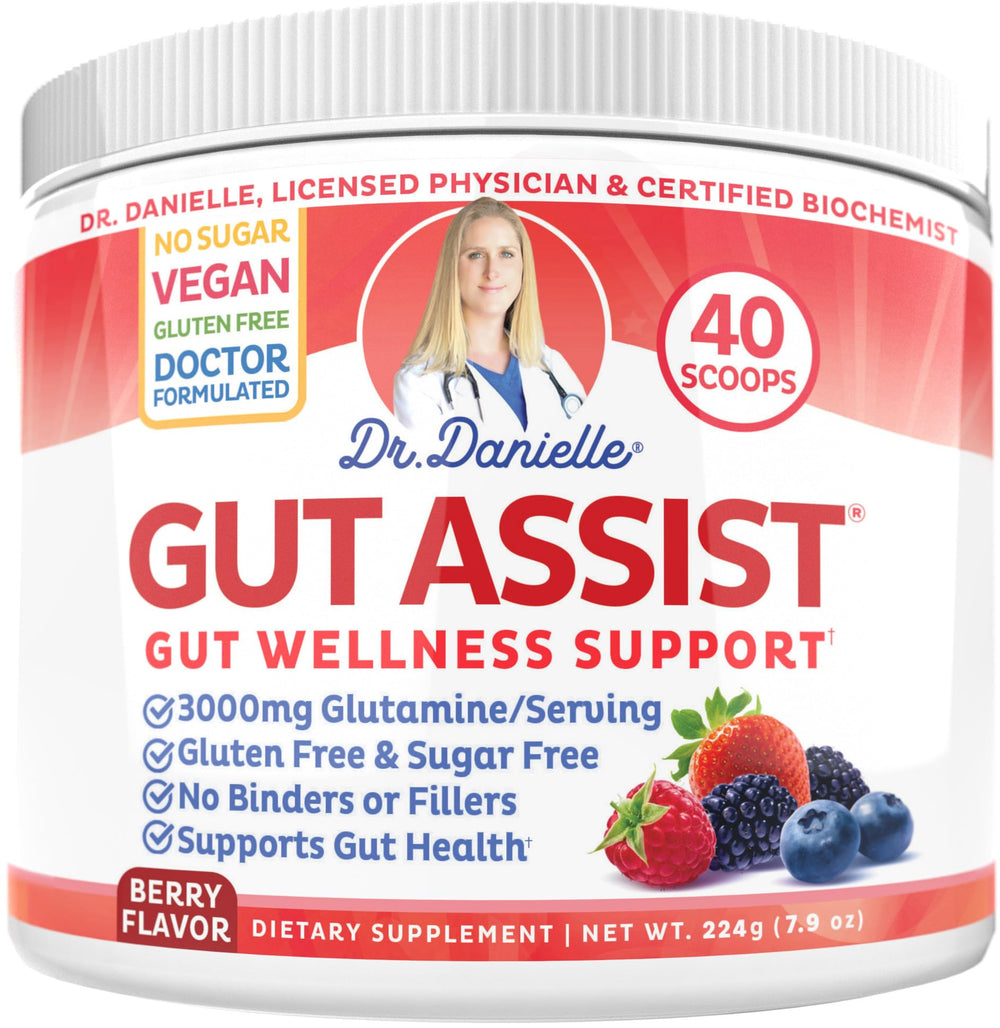 Doctor Danielle Gut Assist bottle-front with berry-flavored powder for daily digestive support
