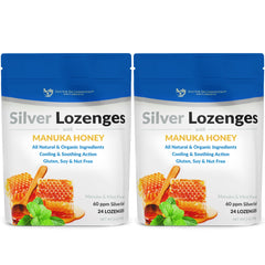 DOCTOR RECOMMENDED SUPPLEMENTS Silver Lozenges packaging featuring Manuka honey and mint flavor for immune-friendly soothing.