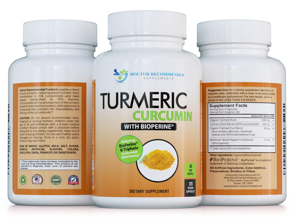 DOCTOR RECOMMENDED SUPPLEMENTS Turmeric Curcumin bottle highlight high-potency formula for daily support