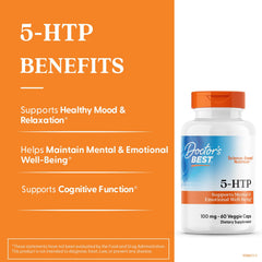 Doctor's Best 5-HTP label and cap featuring vegan gluten-free non-GMO formula