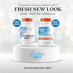 Doctor's Best Benfotiamine 150 label highlights BenfoPure and active thiamine for energy metabolism.