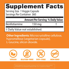 Doctor's Best Benfotiamine 150 bottle nutrition facts note vegan, gluten-free capsules.