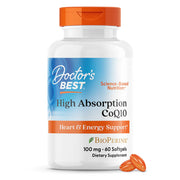 Doctor's Best CoQ10 softgel bottle emphasizes high absorption with BioPerine.