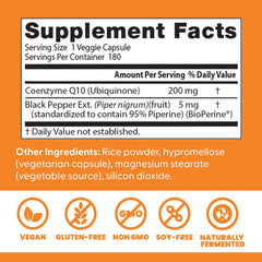 Doctor's Best CoQ10 bottle back label detailing ingredients and quality standards.