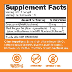 Doctor's Best CoQ10 bottle closeup highlights gluten-free, naturally fermented ingredients