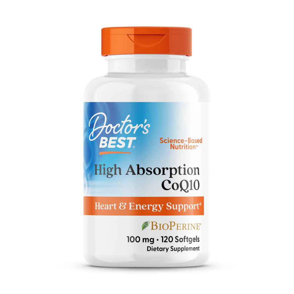 Doctor's Best CoQ10 bottle label with BioPerine signals enhanced absorption for daily energy support