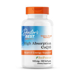 Doctor's Best CoQ10 bottle label with BioPerine signals enhanced absorption for daily energy support