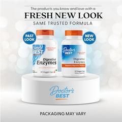 Doctor's Best Digestive Enzymes label close-up showing broad enzyme blend for fats, proteins, and carbs.