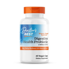 Doctor's Best Digestive Health Probiotic bottle on kitchen shelf supports daily gut comfort