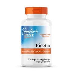 Doctor's Best Fisetin with Novusetin bottle cap showing vegan capsules for daily antioxidant support