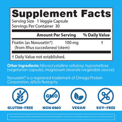 Ingredient label detail on Doctor's Best Fisetin with Novusetin bottle for quality