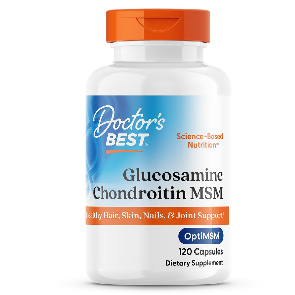 Doctor's Best Glucosamine Chondroitin MSM OptiMSM bottle being poured for joint comfort