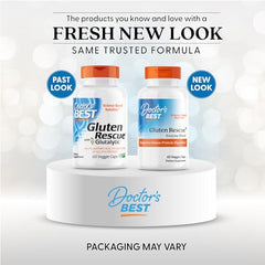 Doctor's Best Gluten Rescue capsules shown for convenient daily digestion support