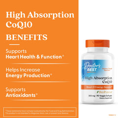 Doctor's Best High Absorption CoQ10 bottle back shows ingredients and USP verified quality.