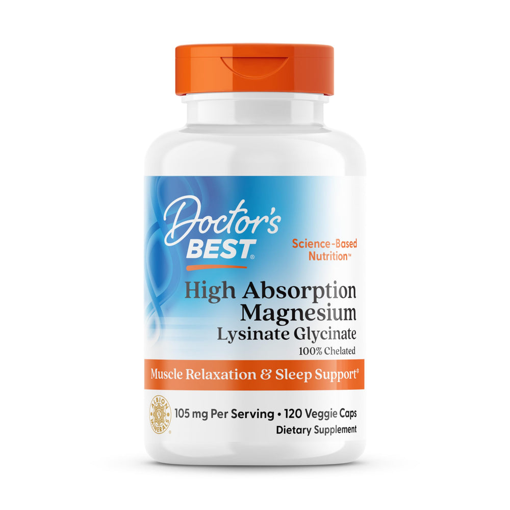 Doctor's Best magnesium lysinate glycinate bottle with easy-to-swallow capsules for muscle relaxation.