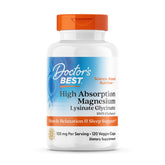 Doctor's Best magnesium lysinate glycinate bottle with easy-to-swallow capsules for muscle relaxation.
