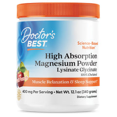 Doctor's Best high-absorption magnesium powder bottle supports muscle relaxation and sleep.