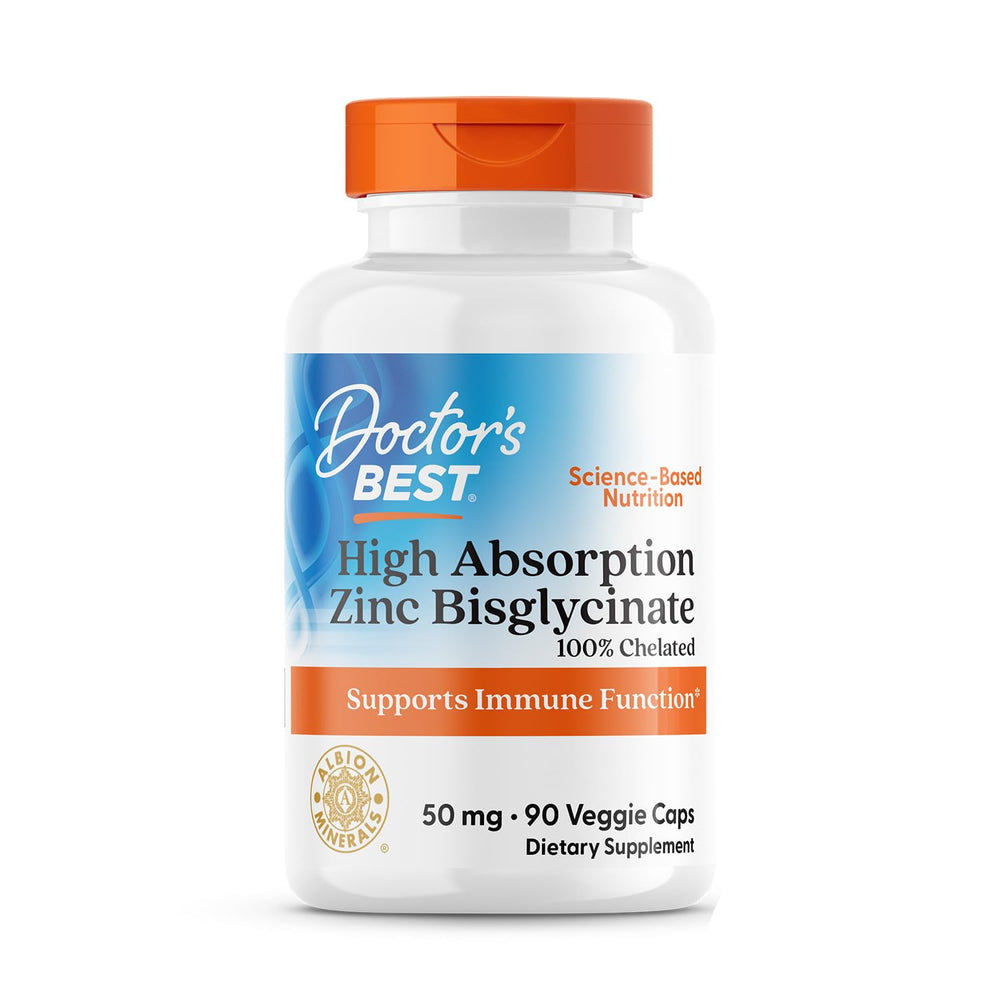 Doctors Best high absorption zinc bisglycinate bottle for immune support and daily wellness.