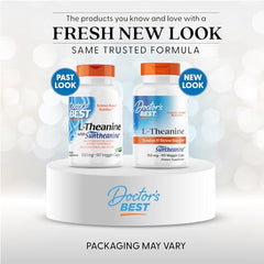 Doctor's Best L-Theanine Suntheanine label close-up emphasizes Suntheanine patent for calm focus.