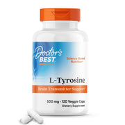 Doctor's Best L-Tyrosine 500 mg bottle closeup for brain support.