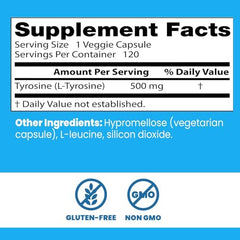 Doctor's Best L-Tyrosine packaging highlights non-GMO and gluten-free formula.