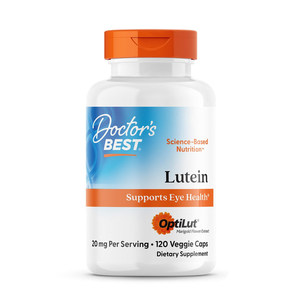 Doctor's Best Lutein bottle label shows 20 mg lutein for eye support