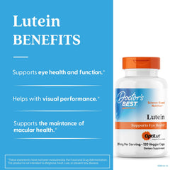 Doctor's Best lutein supplement capsules on a table with ingredients, signaling antioxidant support