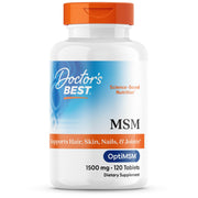 Doctor's Best MSM bottle front view highlighting vegan, non-GMO tablets for joints
