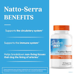 Doctor's Best Natto-Serra capsules close-up highlighting non-GMO vegan formula.