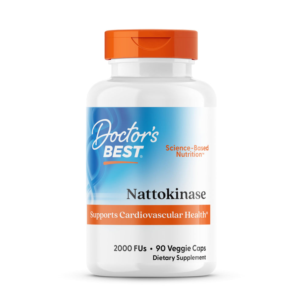 Doctor's BEST nattokinase bottle label highlighting pure nattokinase enzyme without vitamin K for circulatory support