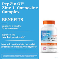 Doctor's Best PepZin GI packaging box shows non-GMO vegan gluten-free features.