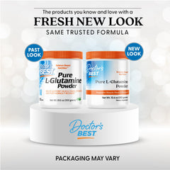 Ingredient label shows non-GMO and vegan features for Doctor's Best L-Glutamine.