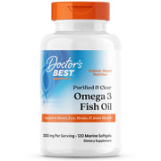 Doctors Best purified omega-3 bottle highlighting high-purity oil for heart and brain support.
