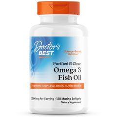 Doctors Best purified omega-3 bottle highlighting high-purity oil for heart and brain support.