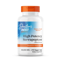 Doctor's Best Serrapeptase bottle showing 120,000 SPU capsules for sinus support