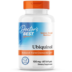 Doctor's Best Ubiquinol bottle with softgels on white background supports cellular energy