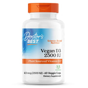 Doctor's Best Vegan D3: botella de cápsulas, posible apoyo a la absorción de calcio