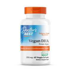 Doctor's Best Vegan DHA algae softgels bottle supports brain health.