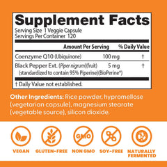 Doctor's Best vegan non-GMO CoQ10 formula label indicating purity