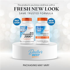 Doctor's Best Vitamin D3 2000IU softgels pour scene emphasizes easy daily dosing for immune health.