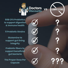 Doctors Discounts Complete Probiotic Gut Support ingredient label highlighting non-GMO vegan formulation