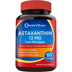 Doctor's Recipes Astaxanthin 12mg bottle highlights premium antioxidant support for daily vitality.