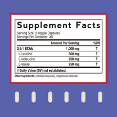 Doctor's Recipes BCAA capsules closeup highlights easy-to-swallow vegan capsules for on-the-go fueling.
