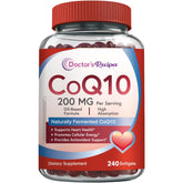 Doctor's Recipes CoQ10 olive oil softgels bottle on countertop highlighting enhanced absorption.