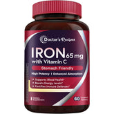 Doctor's Recipes iron supplement bottle front highlights vitamin C for absorption.