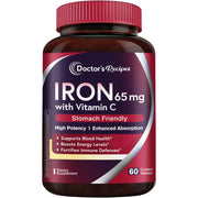 Doctor's Recipes iron supplement bottle front highlights vitamin C for absorption.