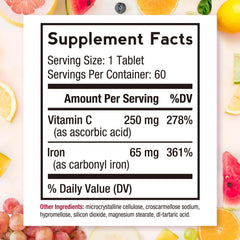 Close-up of Doctor's Recipes 65 mg iron tablets showing easy-to-swallow design.